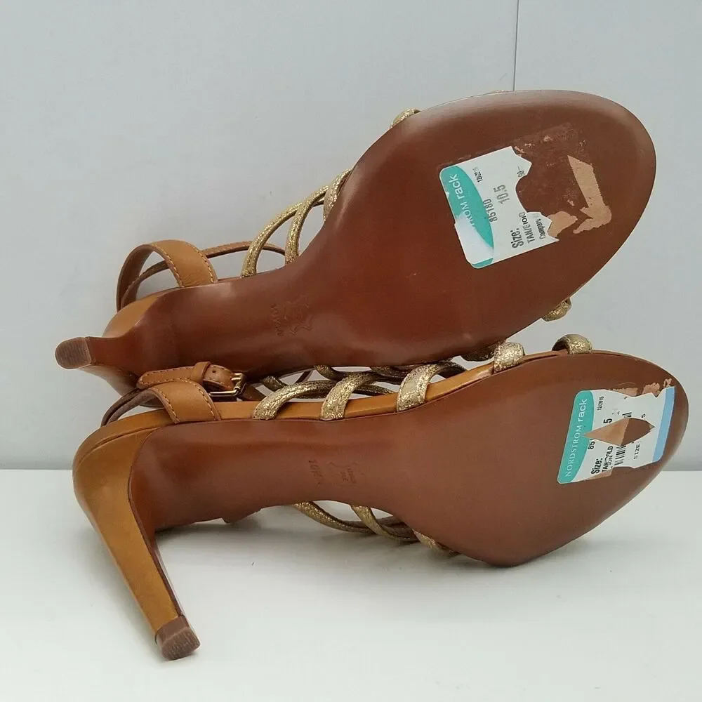 Tory Burch Women sandals High Heel Brown gold leather strappy Charlene 10.5 new
